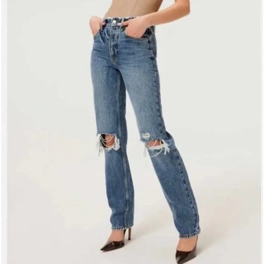 Good American Mid-Blue Straight Leg Distressed Jeans
